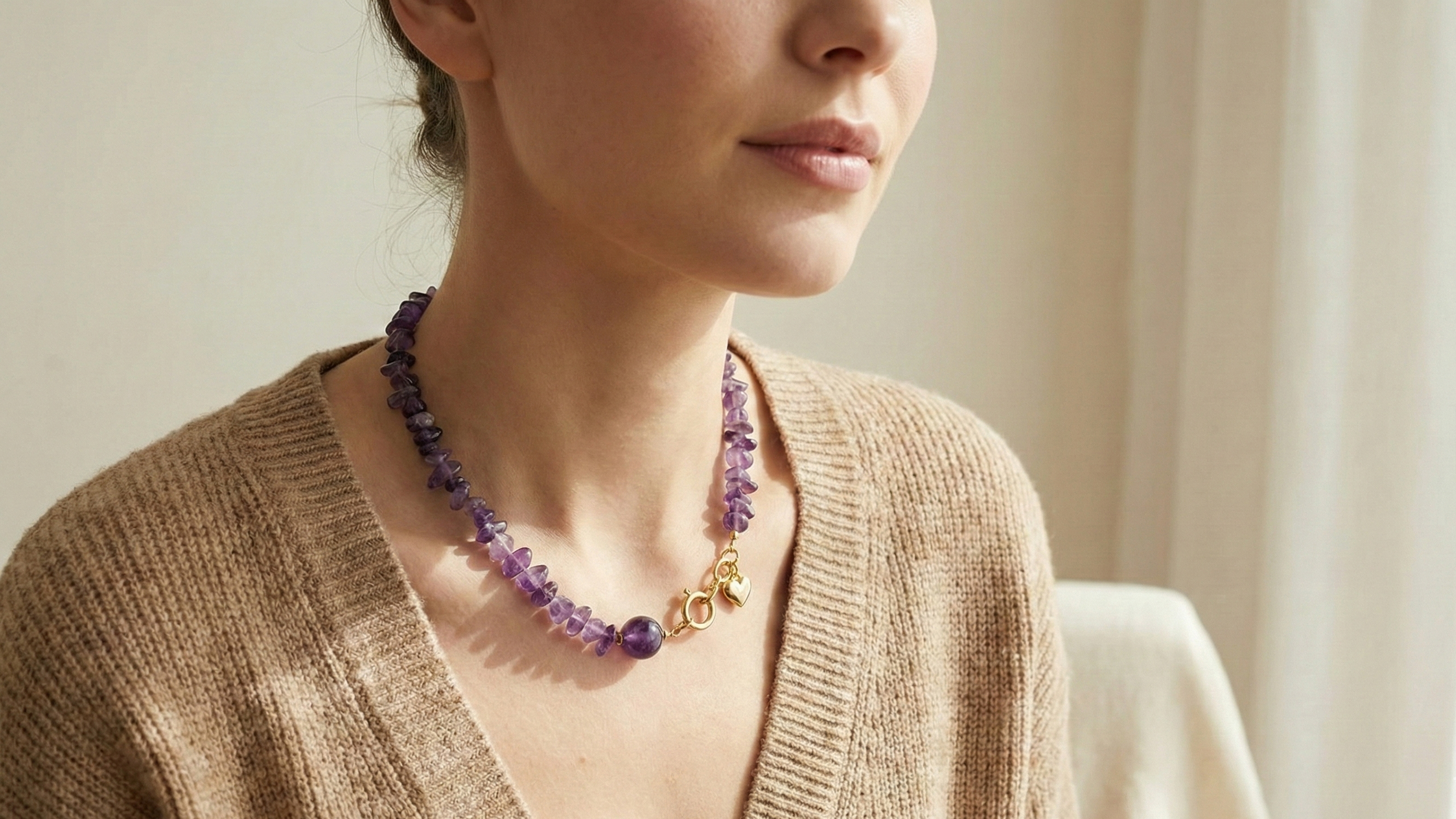 Amethyst intention necklace worn at the collarbone in natural light