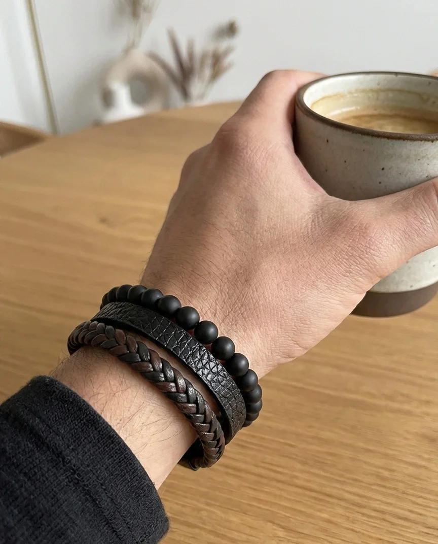 UGC-style photo of black obsidian bracelet worn on wrist in natural indoor light.